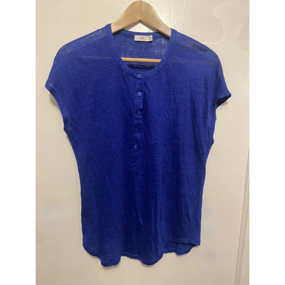 VINCE Knit Linen Top Women's XS Navy Blue Short Sleeve